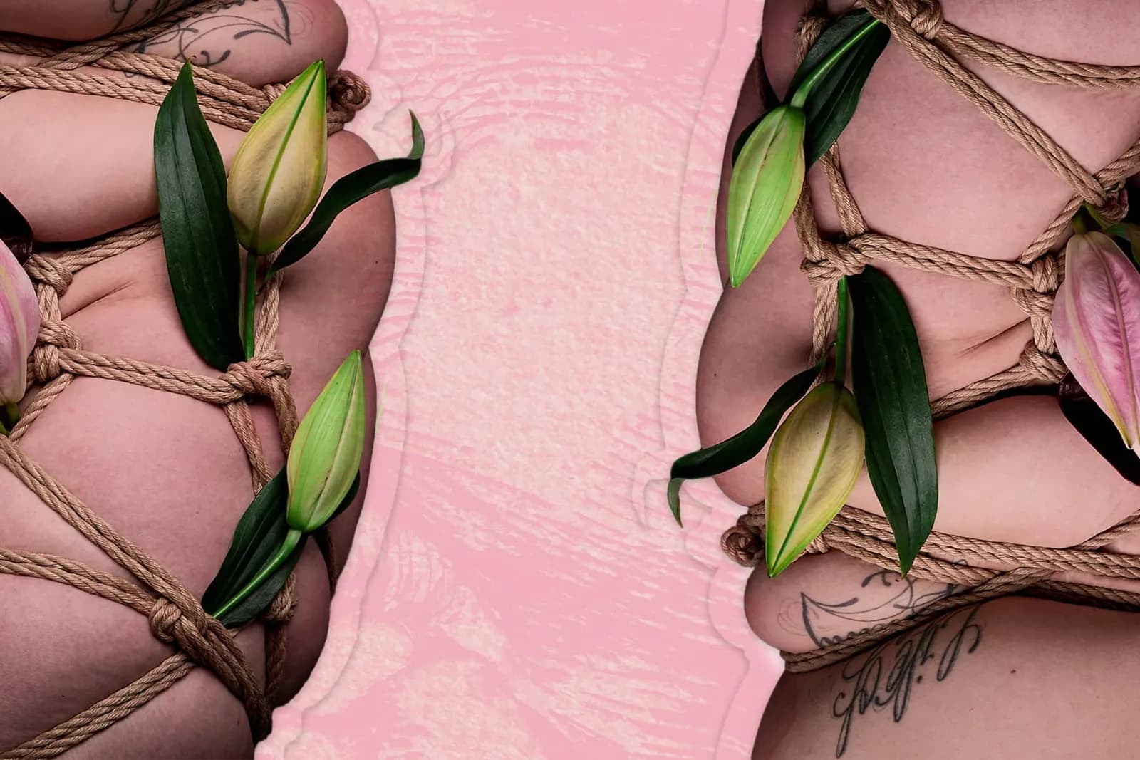 Close-up of a squished body bound in rope with lilies, set against a pink textured background.