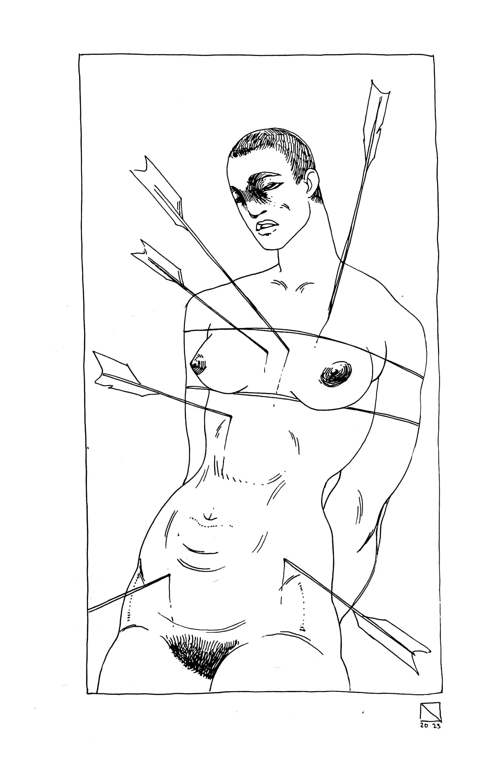 A line drawing of a bare torso pierced by four arrows, drawn in the pose of Saint Sebastian.