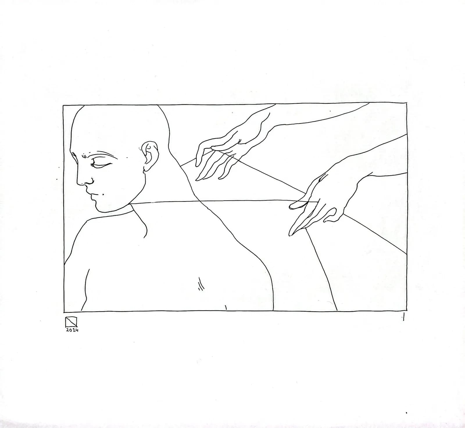 A line drawing of a person in profile with their eyes closed while two hands lay the first wrap of rope across their shoulders.