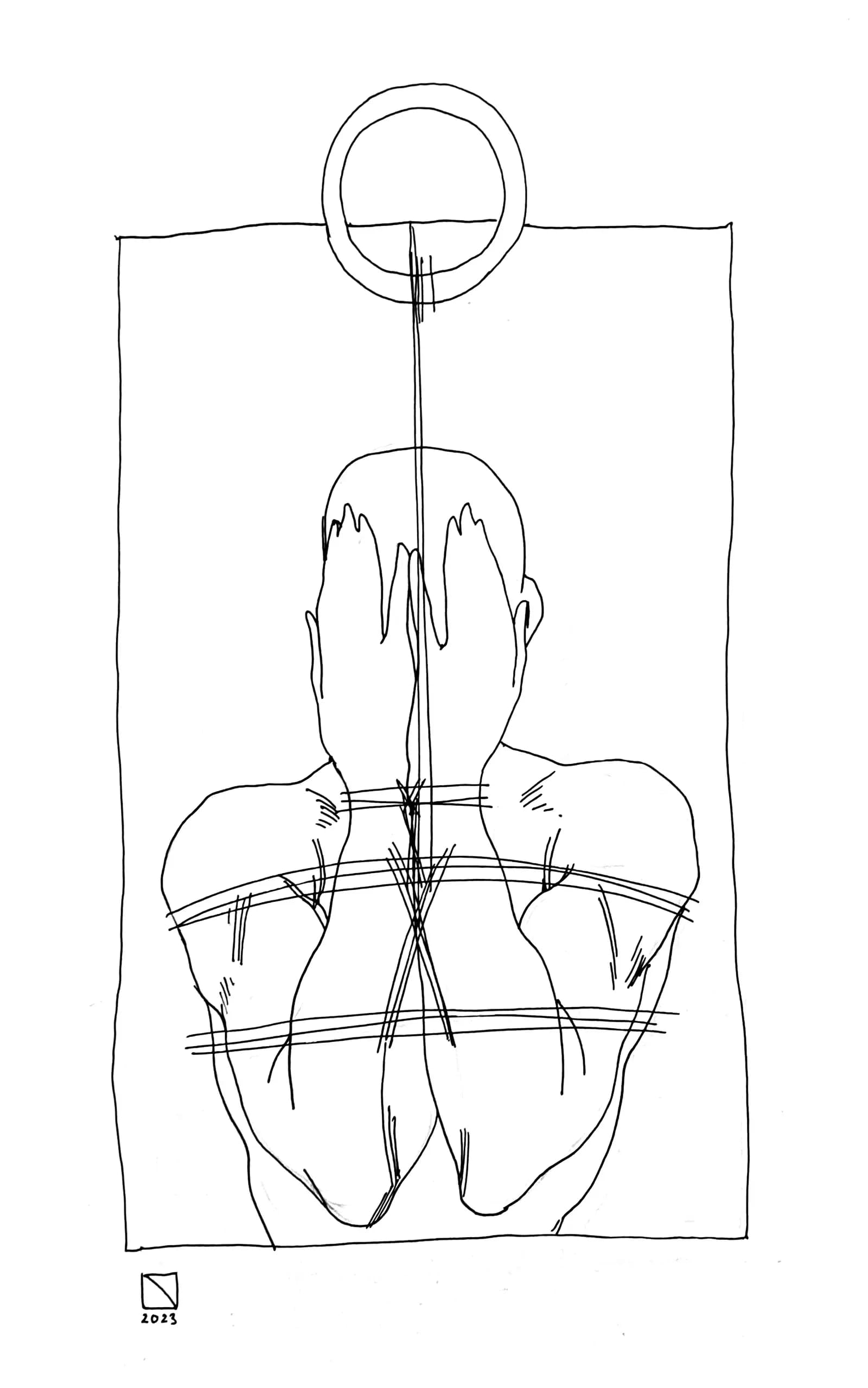 A line drawing seen from behind of a person in a rope chest harness, an upline running from their back to a suspension ring overhead.