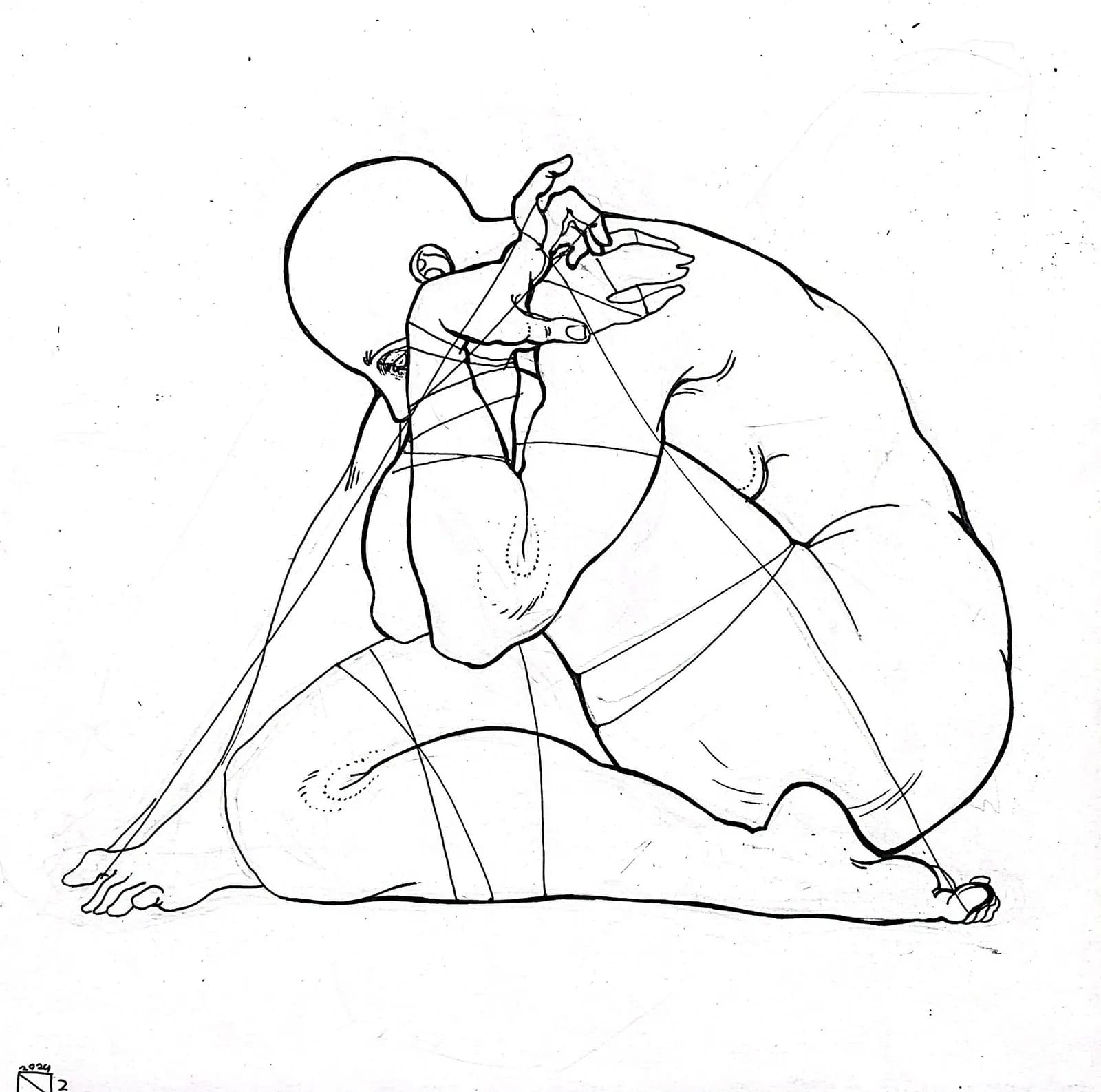 A line drawing of a fat person seated on the floor, head bowed, with fine rope lines running from their fingers to their toes.