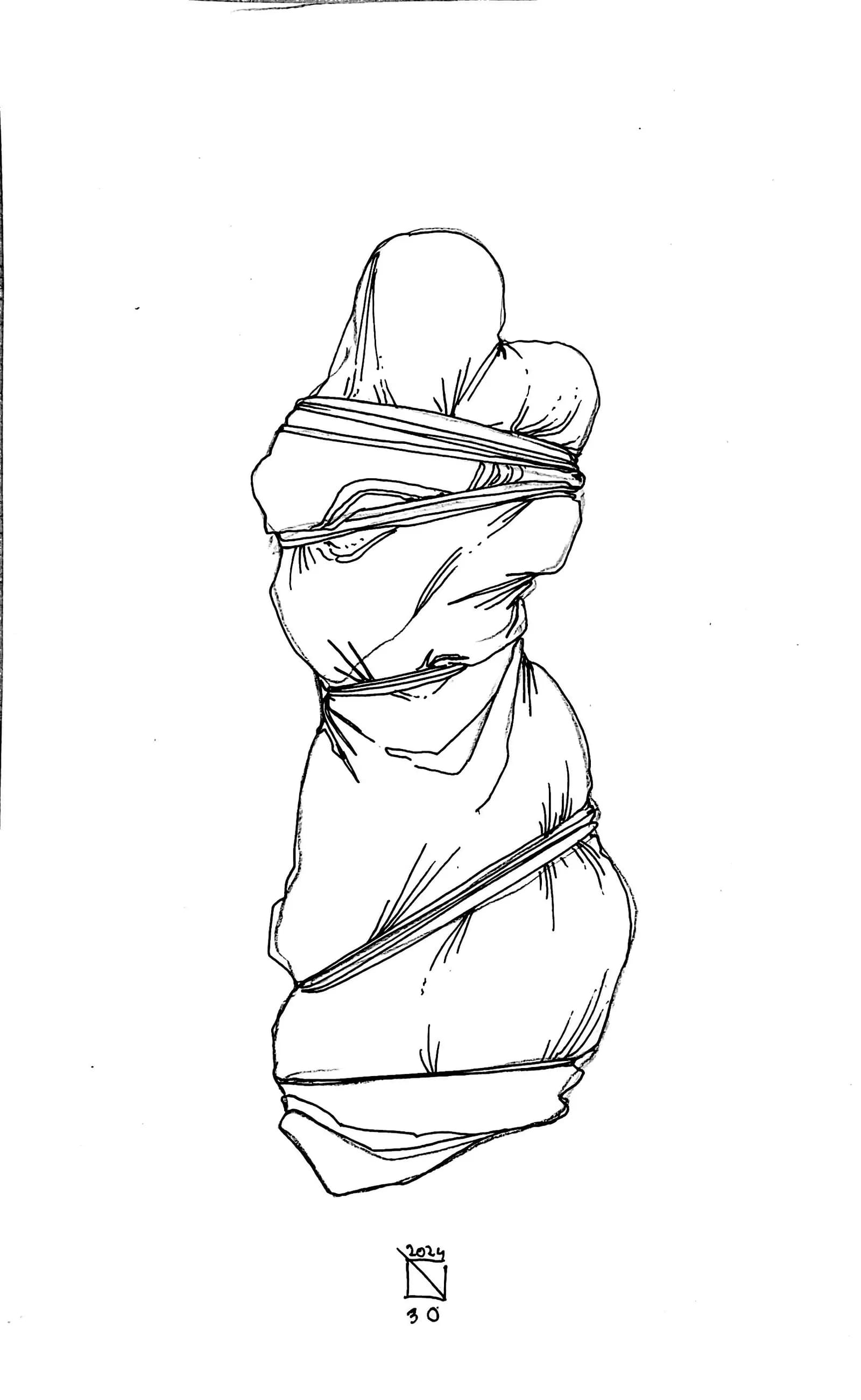 A line drawing of a person wrapped head to hip in soft fabric and bands of rope, standing still and cocooned.