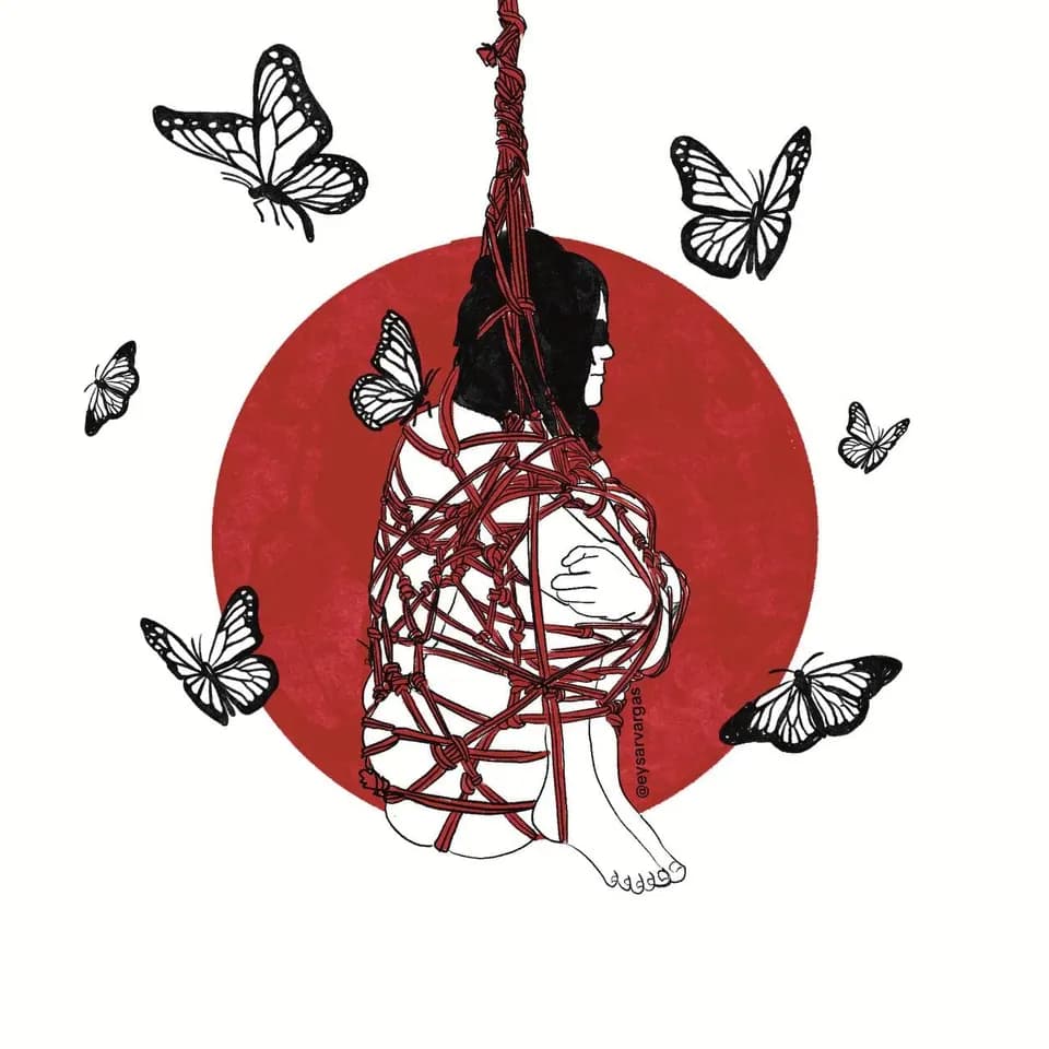 An illustration of someone sitting in a cocoon shape, bound in ropes with butterflies flying around them.