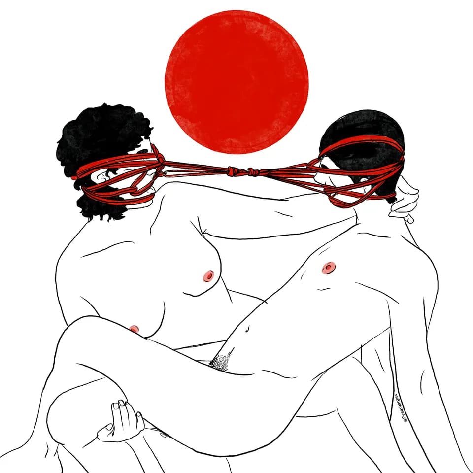 An illustration of two figures connected by rope overhead against a red circle.