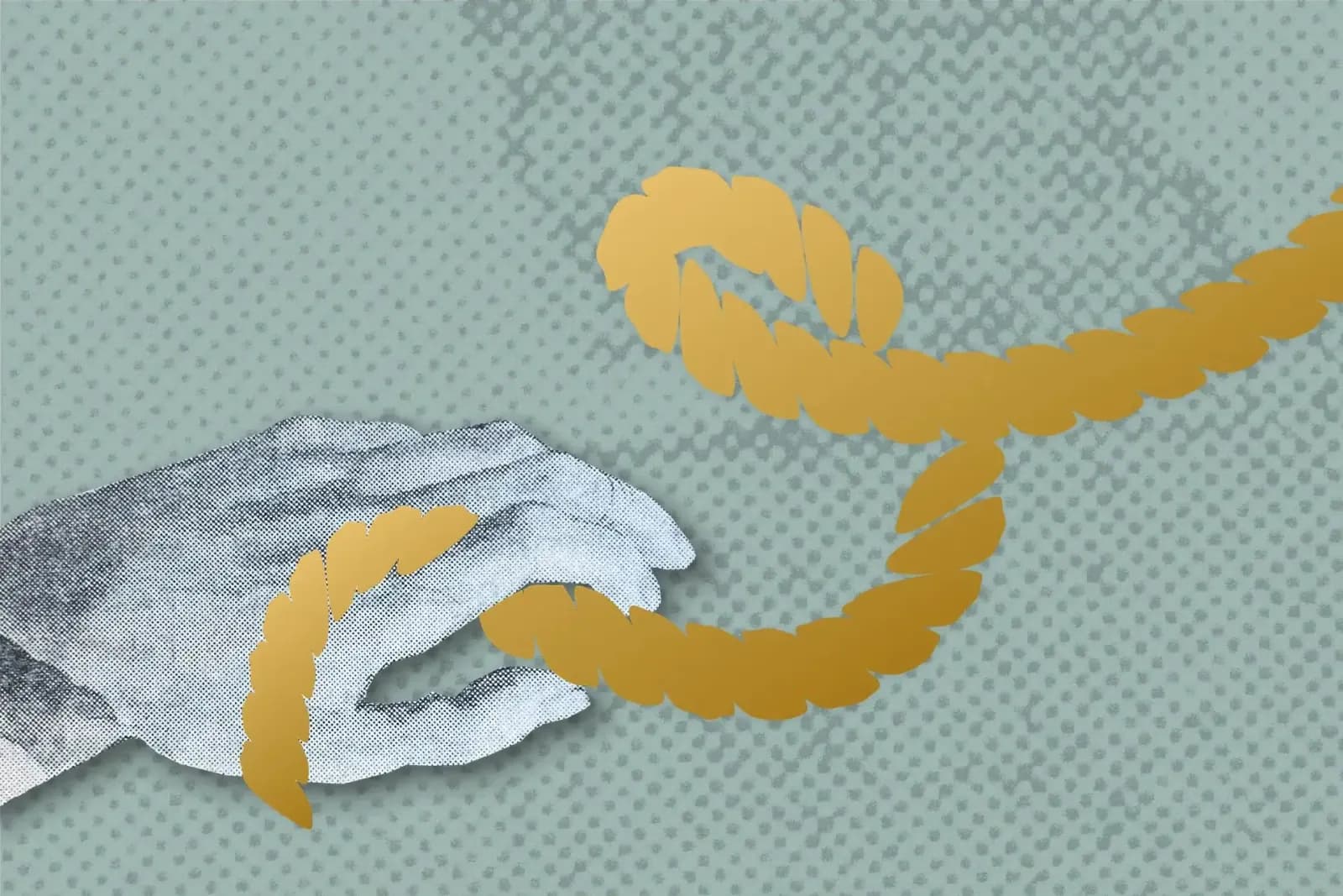 A golden shibari rope wrapped around a hand in front of a green background.