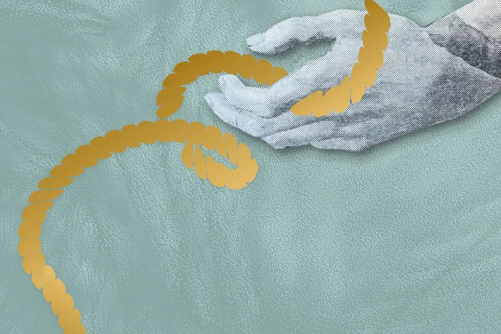 A golden shibari rope wrapped around a hand in front of a green background.