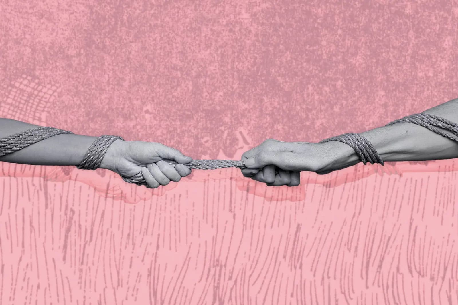 Two hands wrapped in rope and pulling it between them on a pink, textured background.