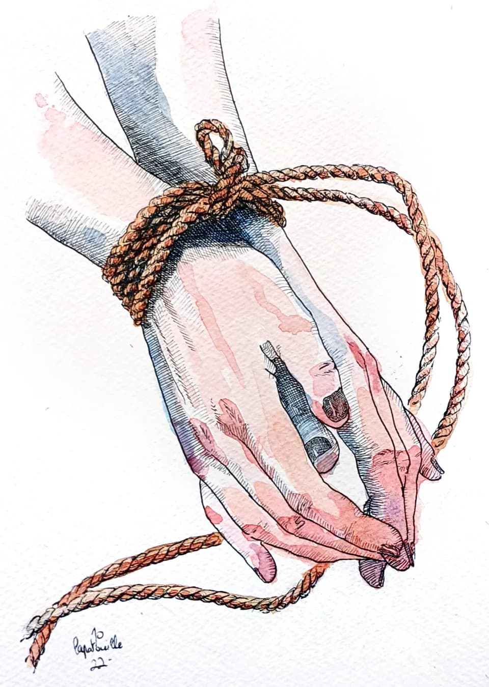 Ink and watercolour illustration of two hands tied together with rope.