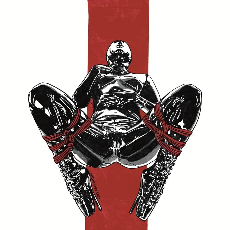 Illustration of a person's torso in a chest harness with red rope.