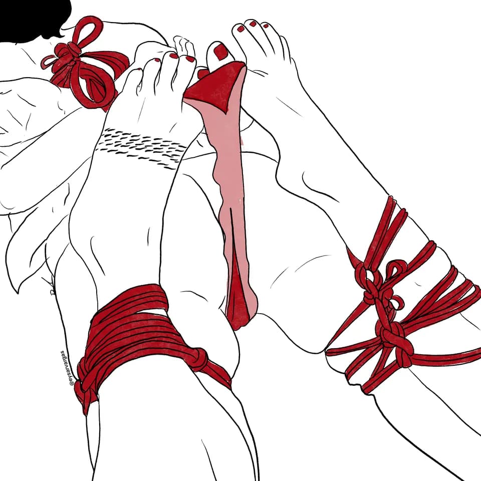 Illustration of hands and arms bound with red rope in restrictive ties.