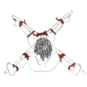 Overhead illustration of a person's legs bound with red rope.