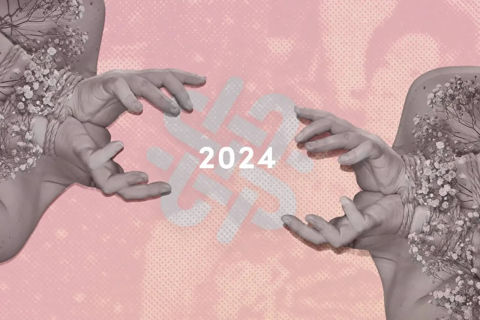 2024 wrap with intertwined hands in rope bondage with floral accents on a pink textured backdrop.