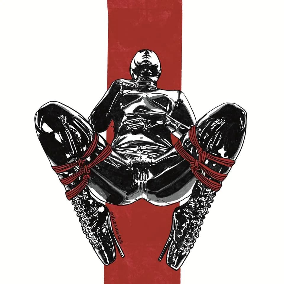An illustration of someone in a latex catsuit bound in red ropes.
