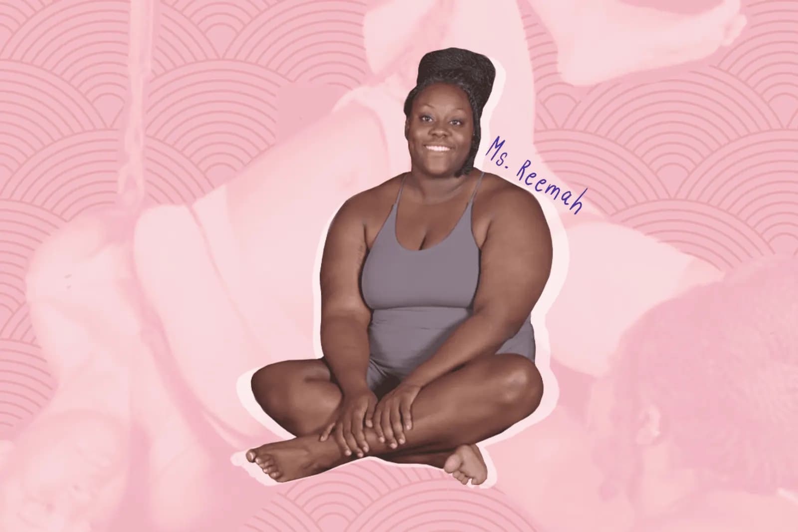 Ms. Reemah sitting in a mauve outfit against a pink patterned background.