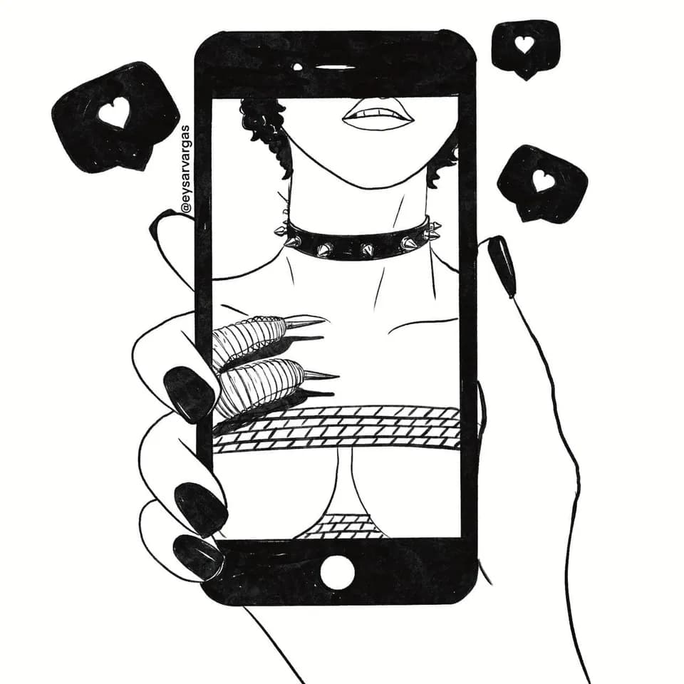 An illustration of a hand holding a phone displaying an image of someone with shibari ropes across their breasts and 'heart' icons around the phone.