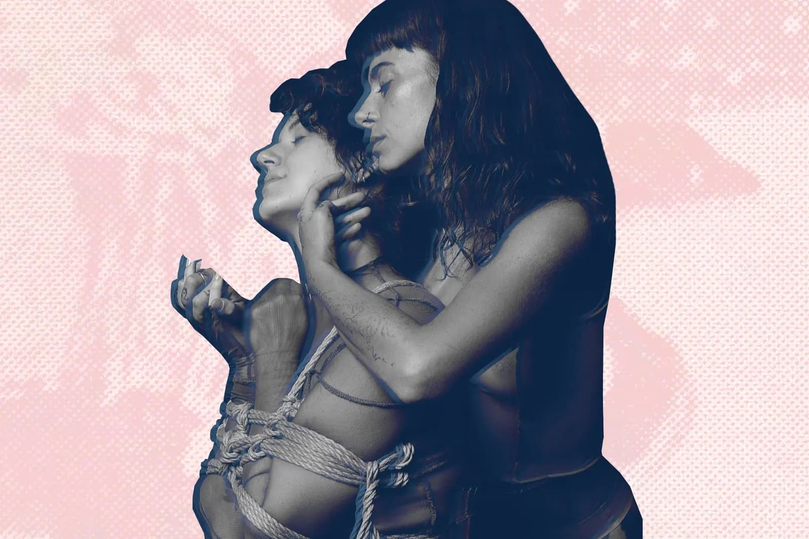 Two individuals engage in intimate shibari, one tied in ropes while the other gently embraces them.