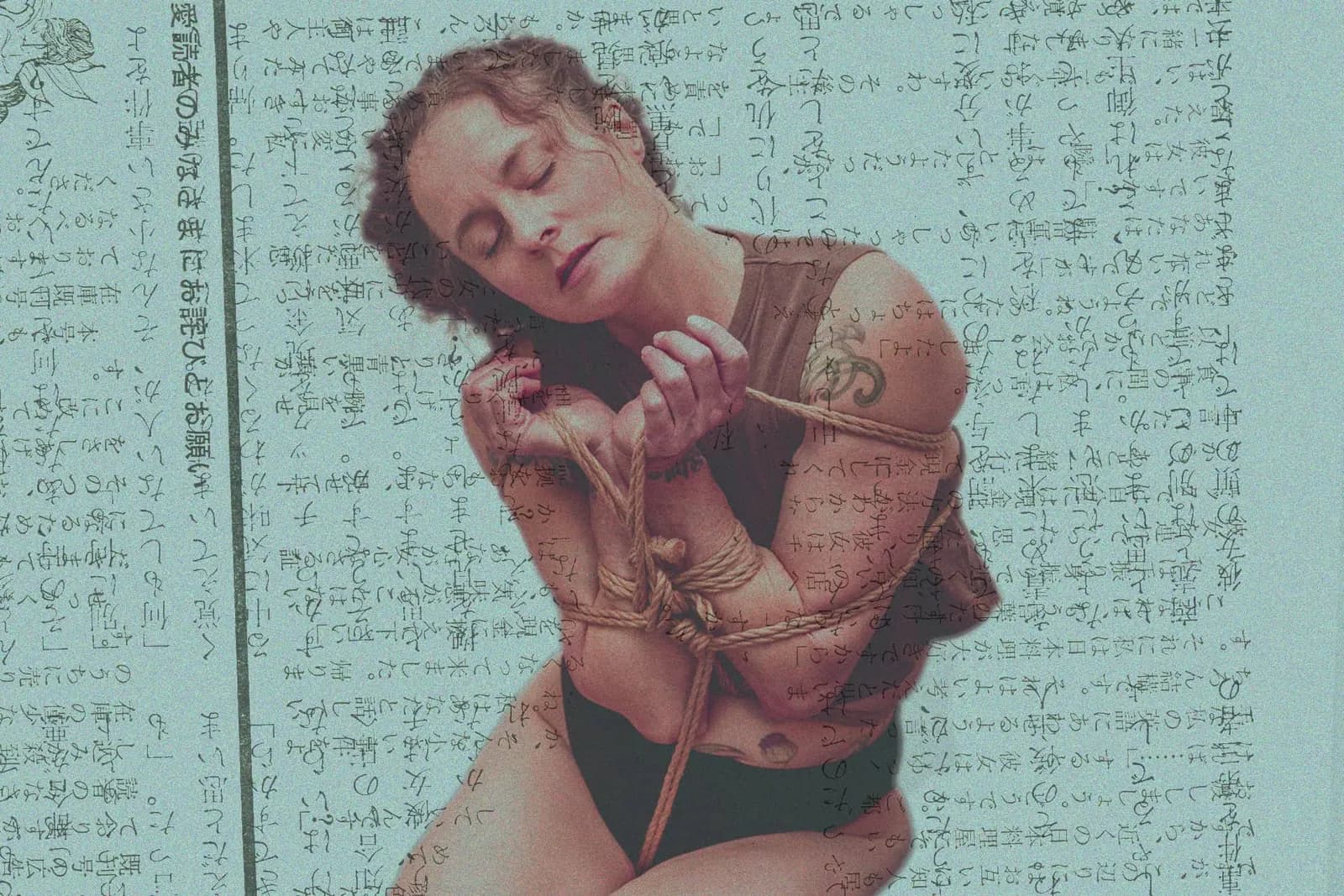 woman tied with serene expression against light blue background, overlaid with Japanese characters.