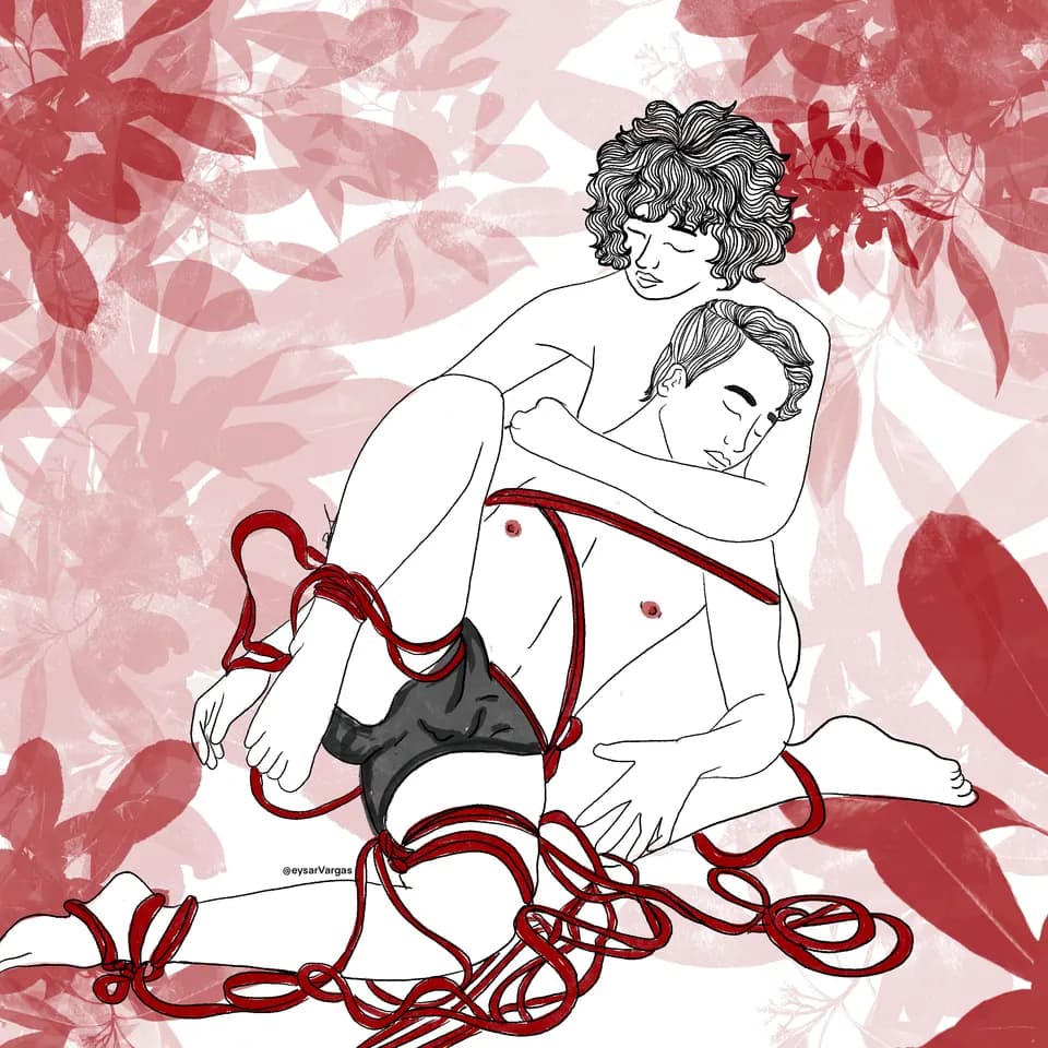 An illustration of two people practicing shibari, the rope bottom lying in the arms of the rigger as they're untied.