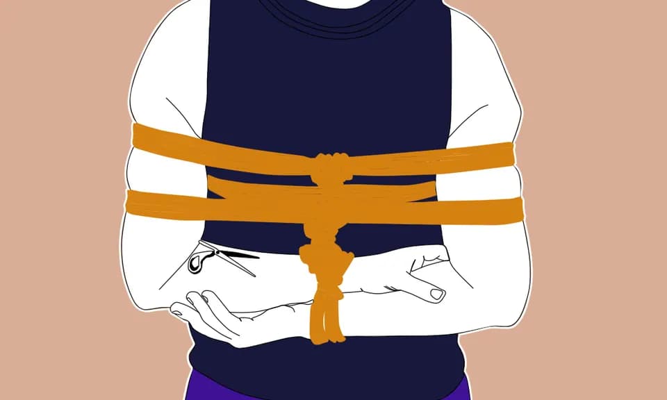 An illustration of a person wearing a rope harness with yellow rope against a red gridded background.