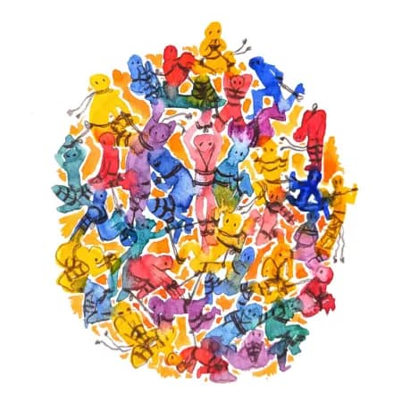An illustration of a group of people engaged in rope activities.