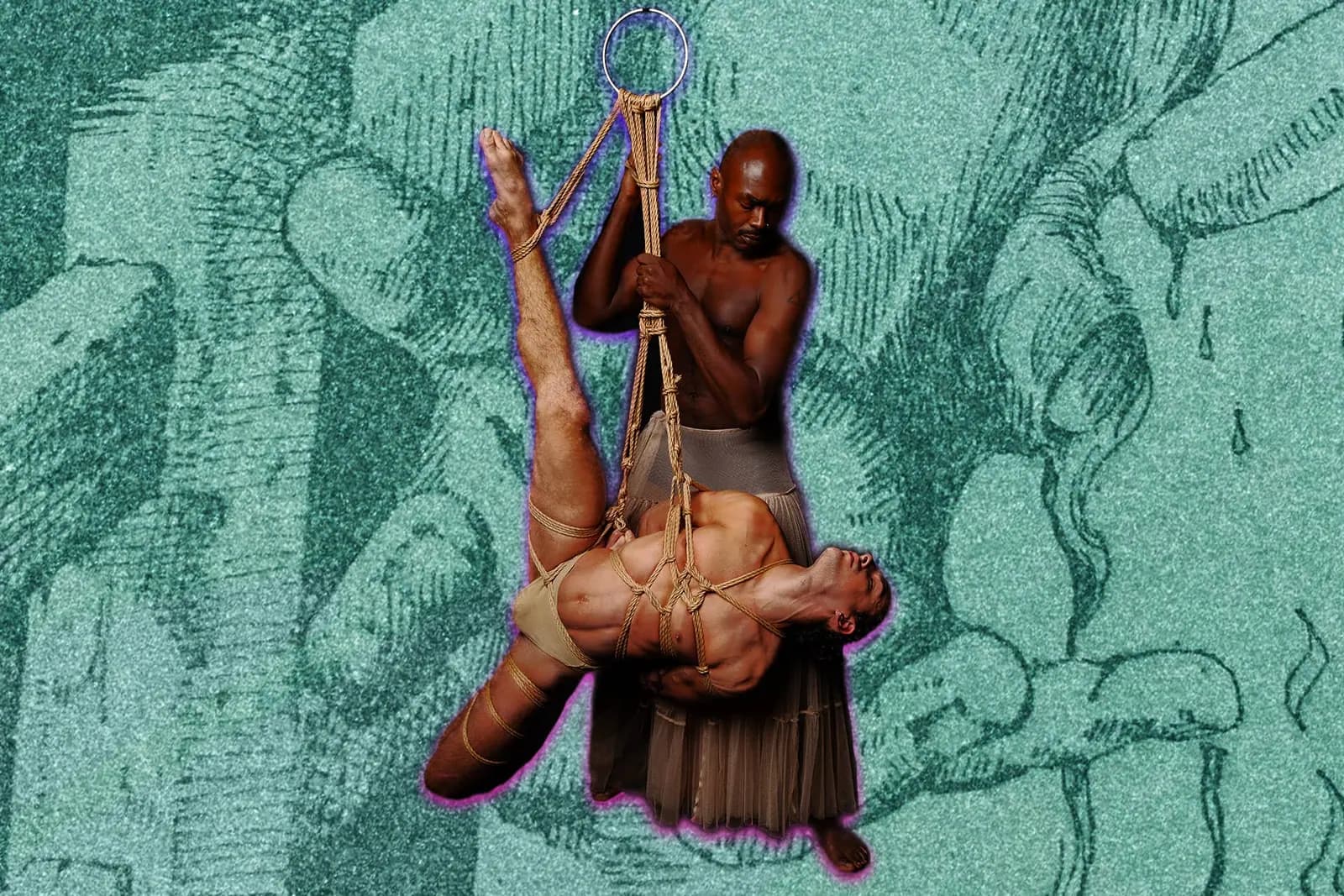 man suspends another man in rope bondage on a teal, textured background with sketch-like elements