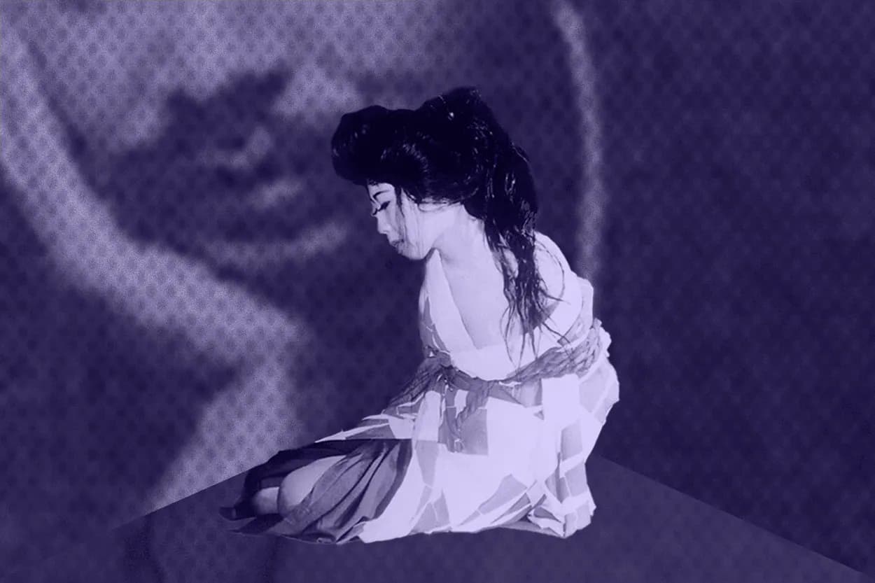 A woman in a kimono, bound in shibari, kneels with her head bowed in a stylized, purple-toned image.