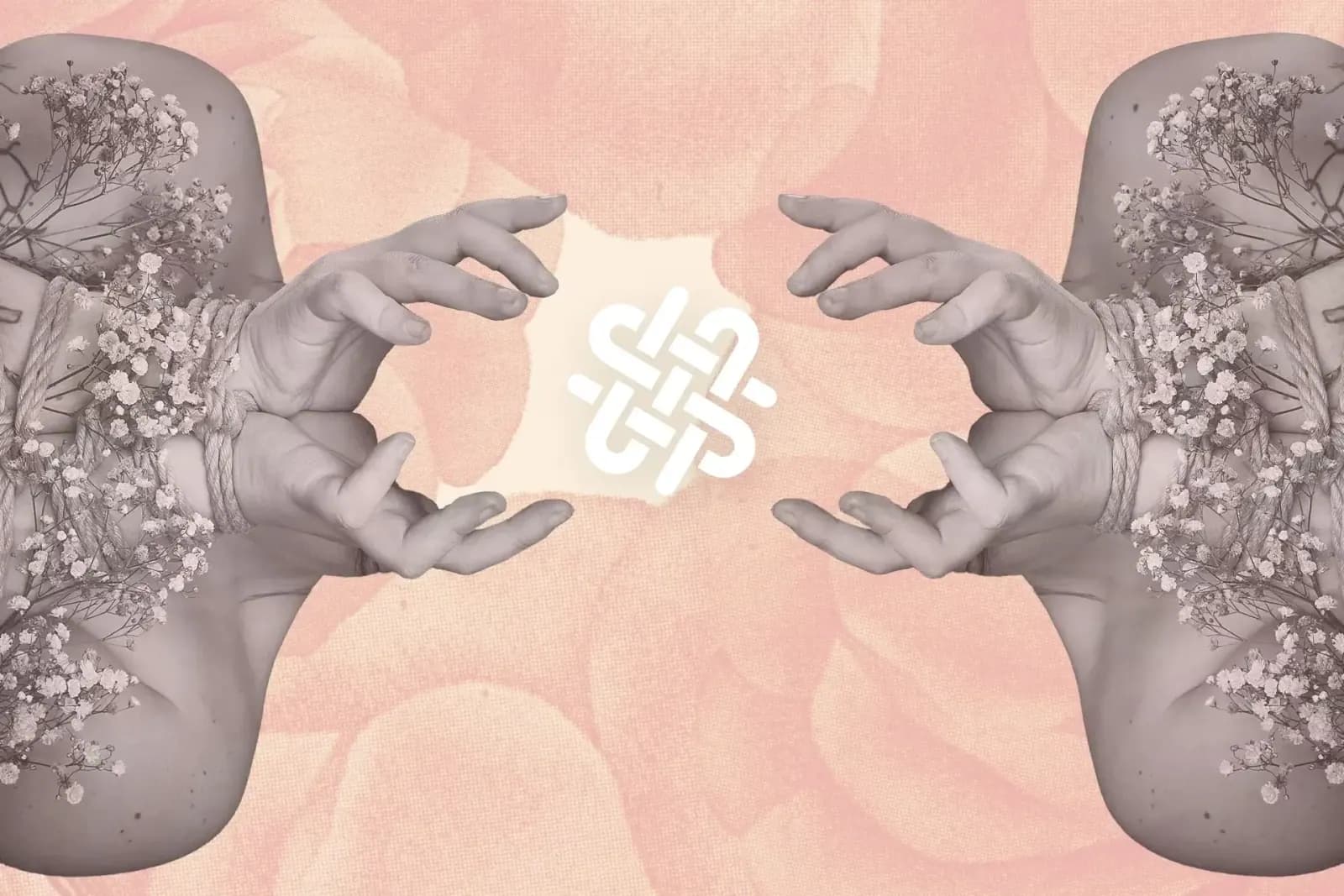 A woman's upper torso is wrapped in rope and flowers with the Shibari Study logo replacing her head.