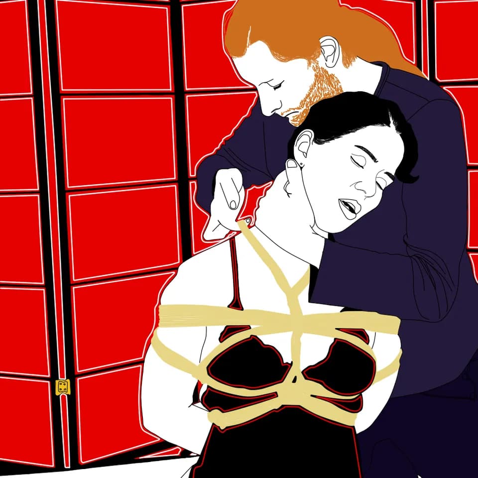 An illustration of a person suspended in rope by a rigger.