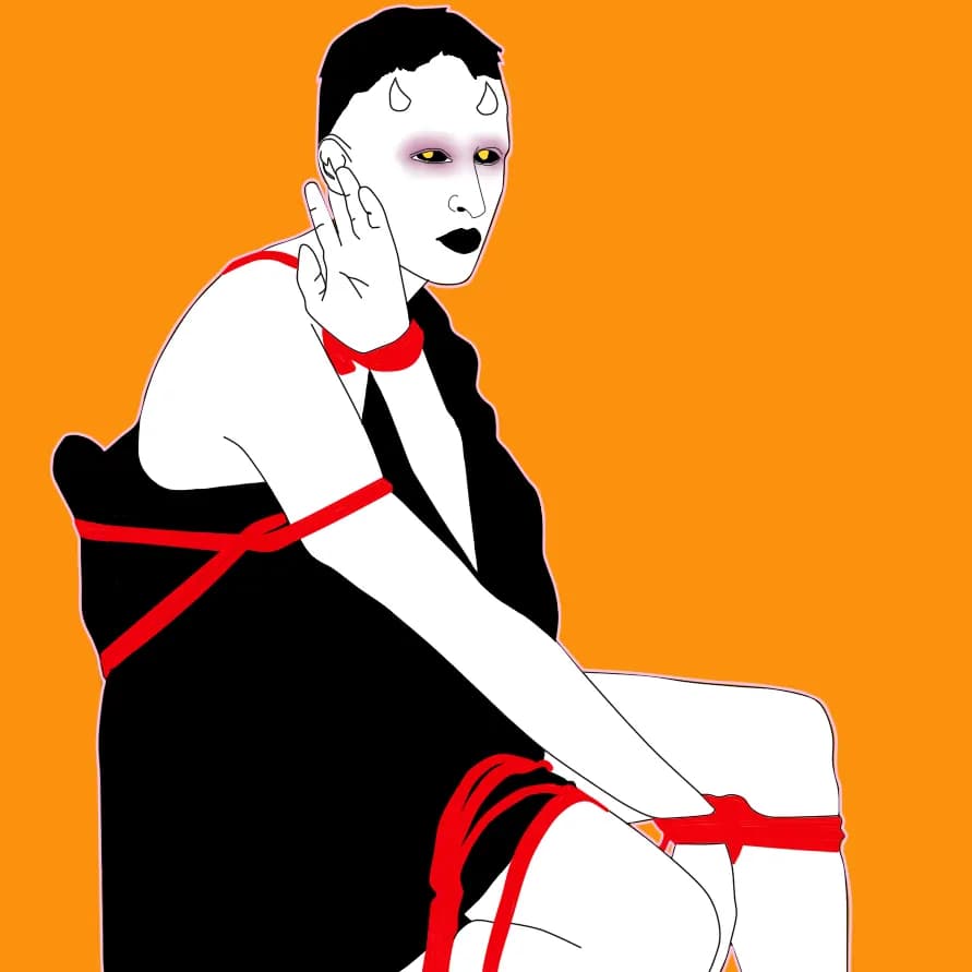 An illustration of a person in suspension rope bondage.