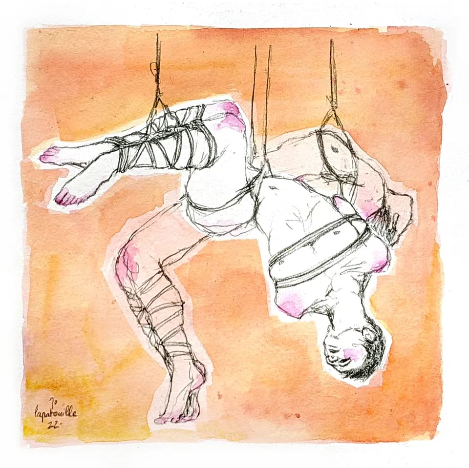Watercolour and ink illustration of someone in a shibari suspension.