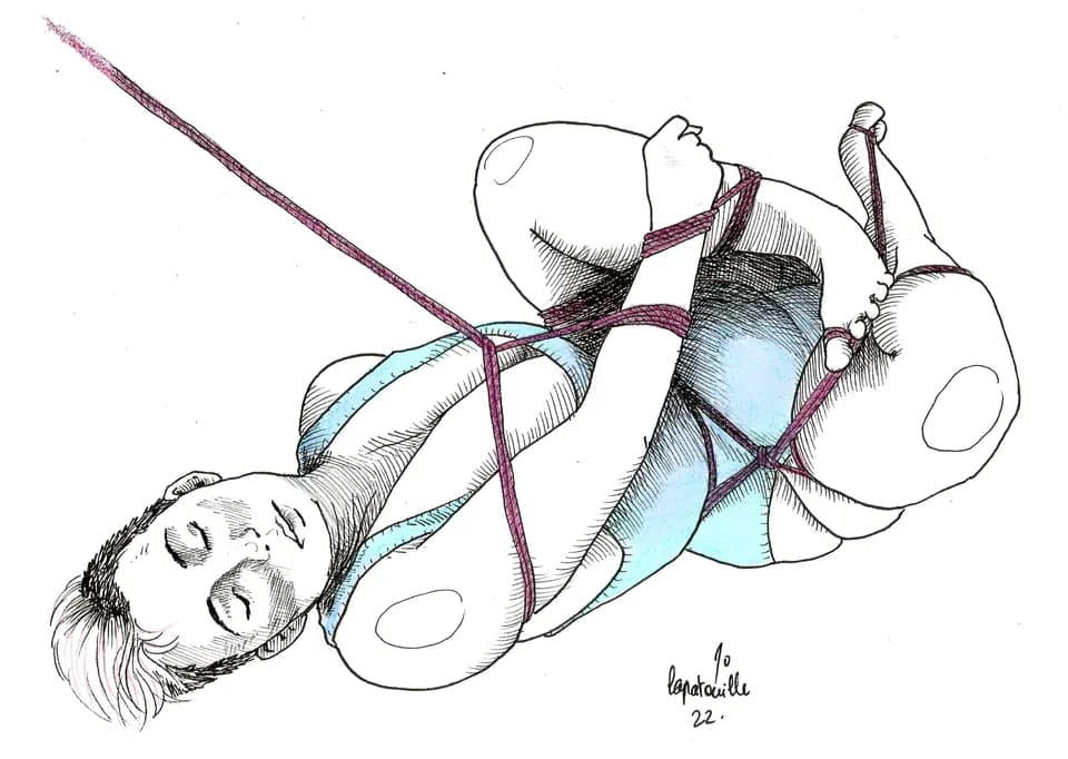 Ink illustration of a person bound in ropes with a serene look on their face.