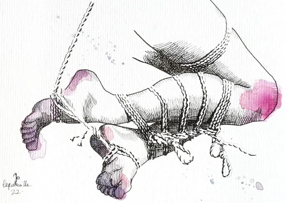 Ink illustration of two legs decoratively bound together.