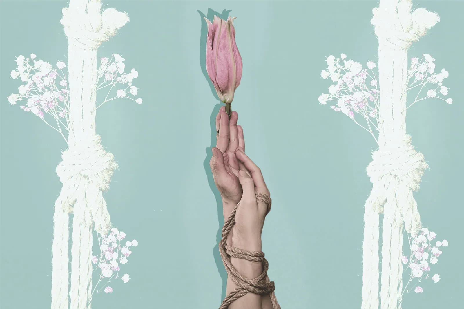 tied hands wrapped around a pink flower against a green background with more rope and flowers.