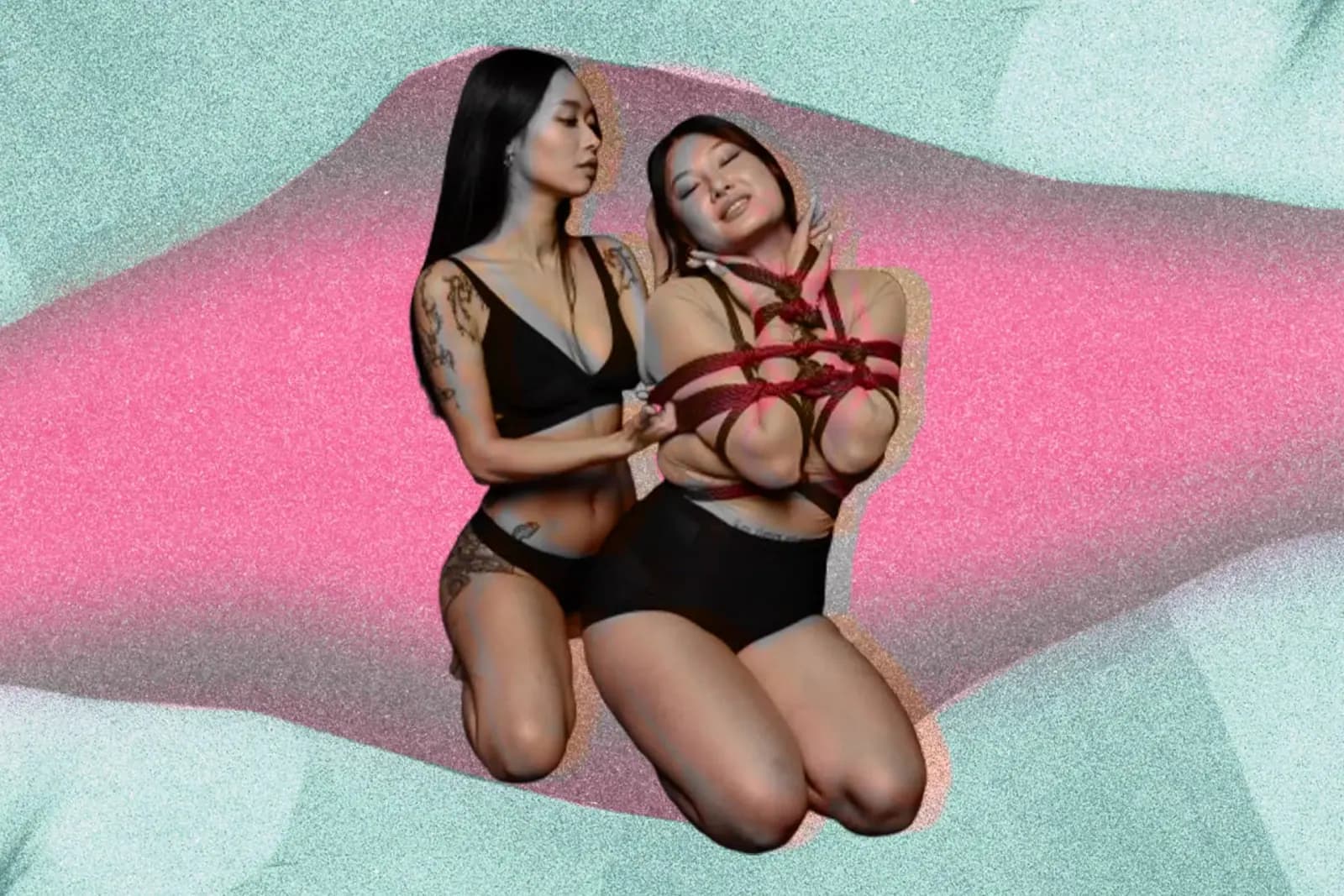 Two women in black lingerie tying shibari, against a pastel green and pink abstract background.