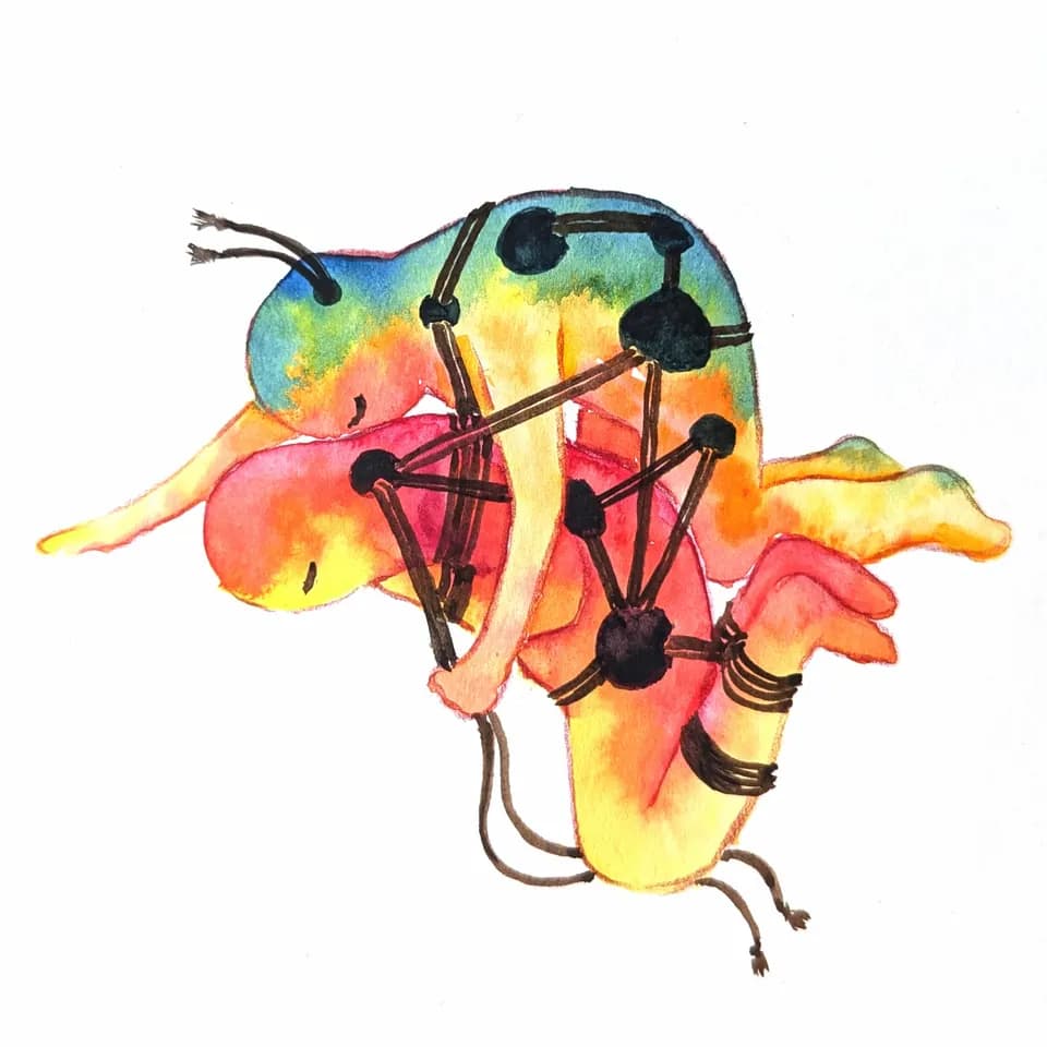 A watercolor illustration depicting figures in a rope bondage scene.