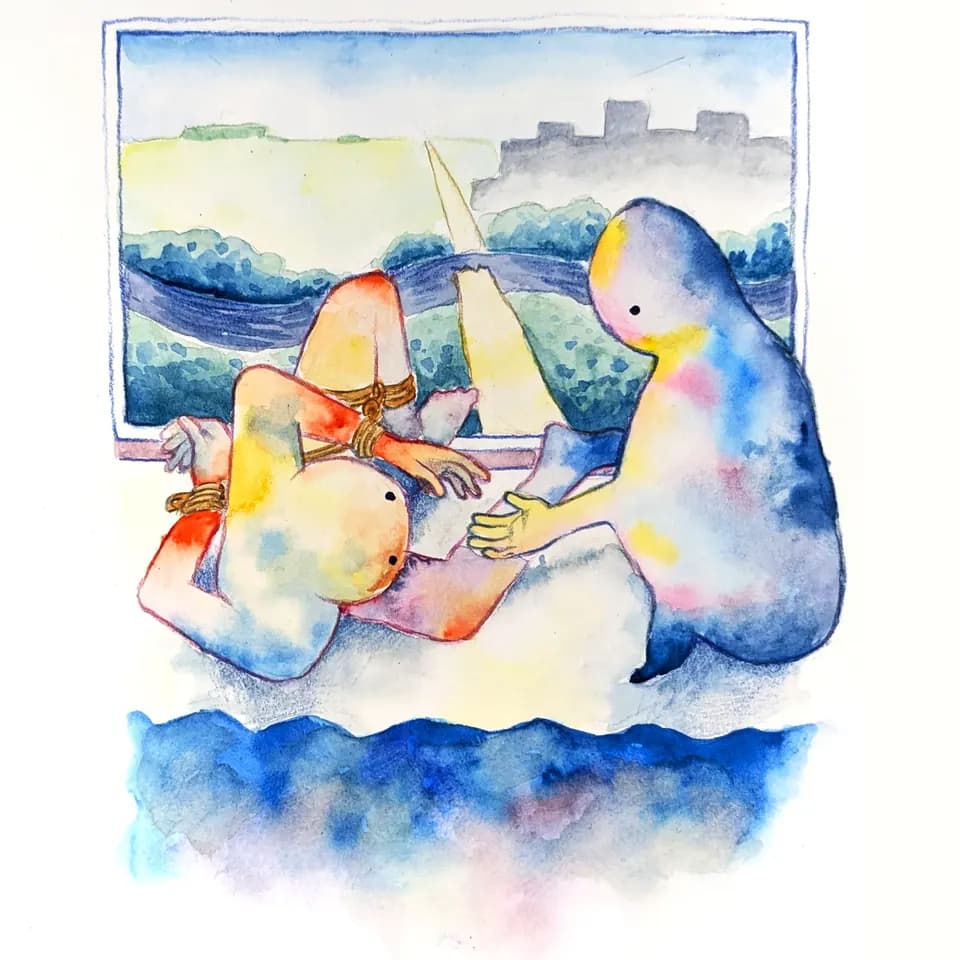A watercolor illustration of figures in a rope bondage scene by water.