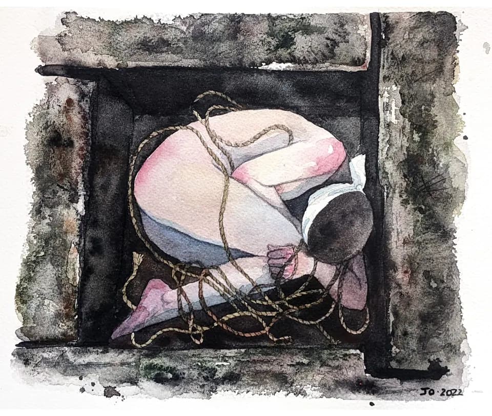 A watercolor illustration of a person in an aerial rope suspension.