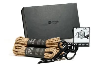 A beginner rope kit containing jute rope, safety scissors, and instructional guide.