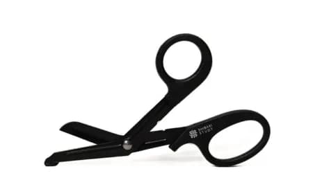 Pair of black safety scissors designed for rope cutting.