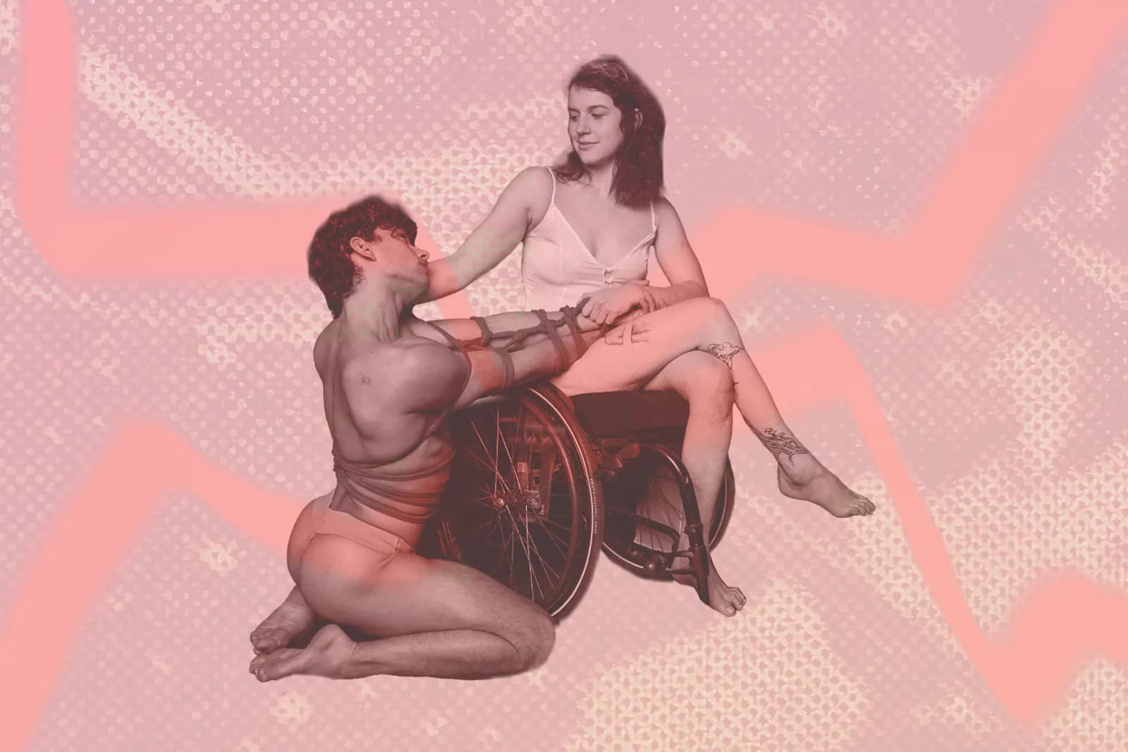 A wheelchair user in a slip rests a hand on the shoulder of a kneeling partner tied in a rope chest harness, in a pink duotone collage.