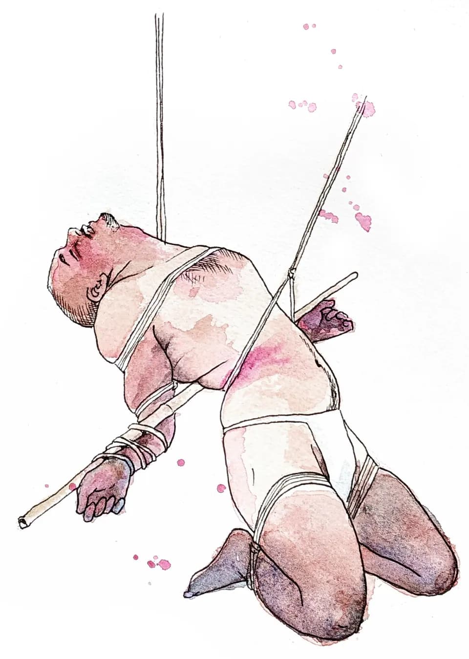 Watercolor illustration of a person suspended upside down in rope.