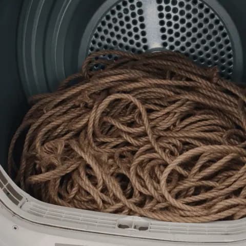 Bundled jute rope spinning inside a washing machine drum during cleaning.