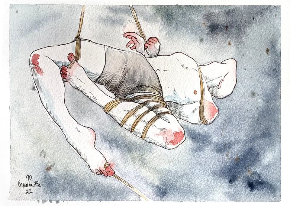 Illustration of a person kneeling while suspended in rope with pink watercolor accents.