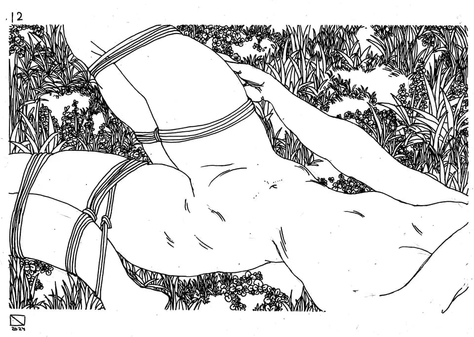 Illustration of a person lying outdoors with rope tied around the legs.