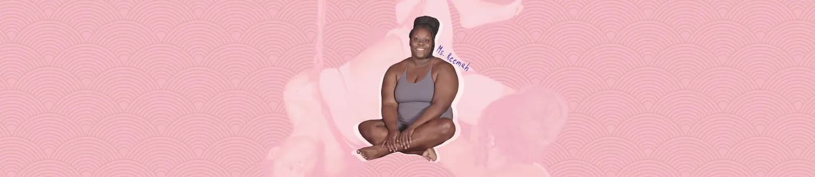 Ms. Reemah sitting in a mauve outfit against a pink patterned background.