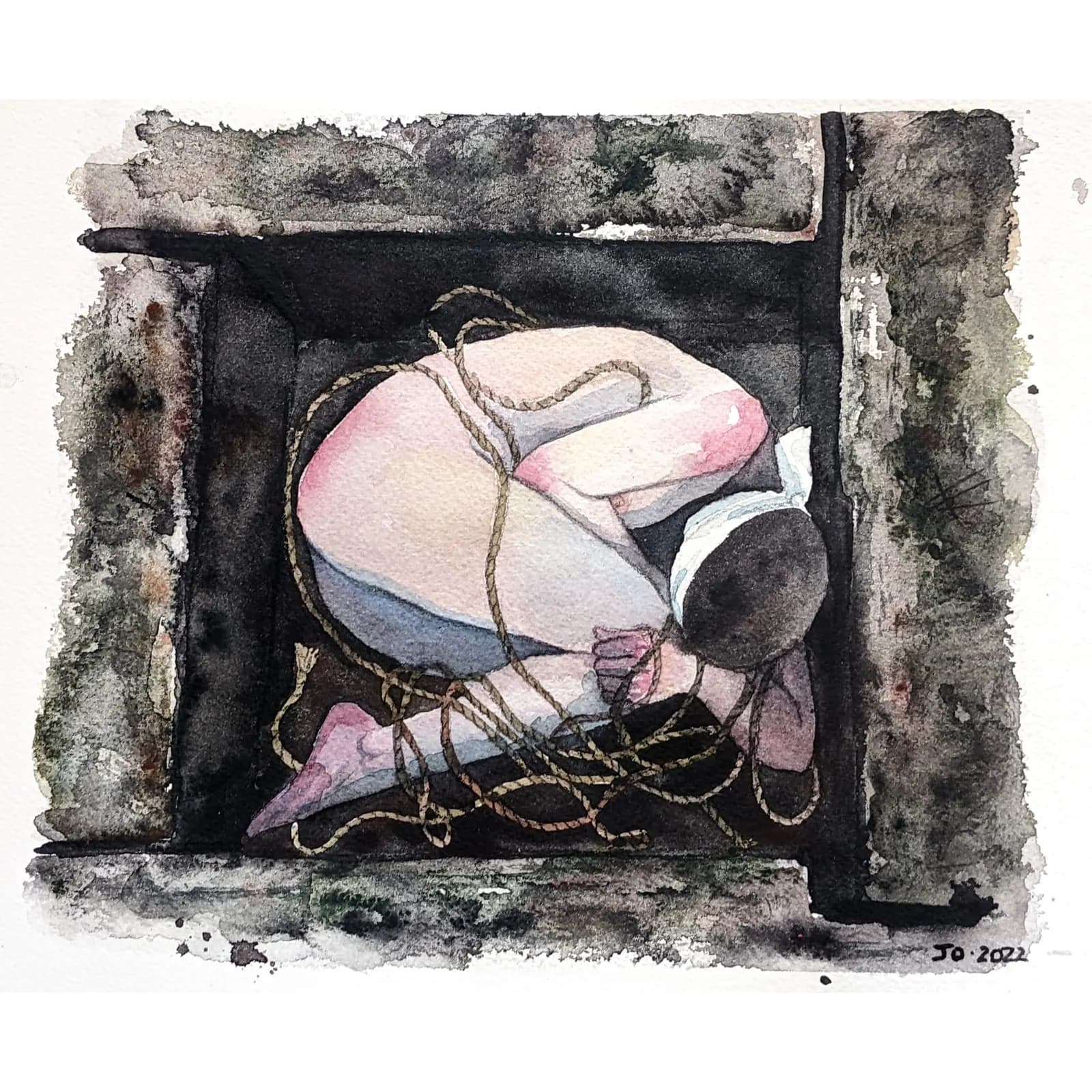 A watercolor painting of a person curled up in a dark, square space, loosely tangled in jute rope.