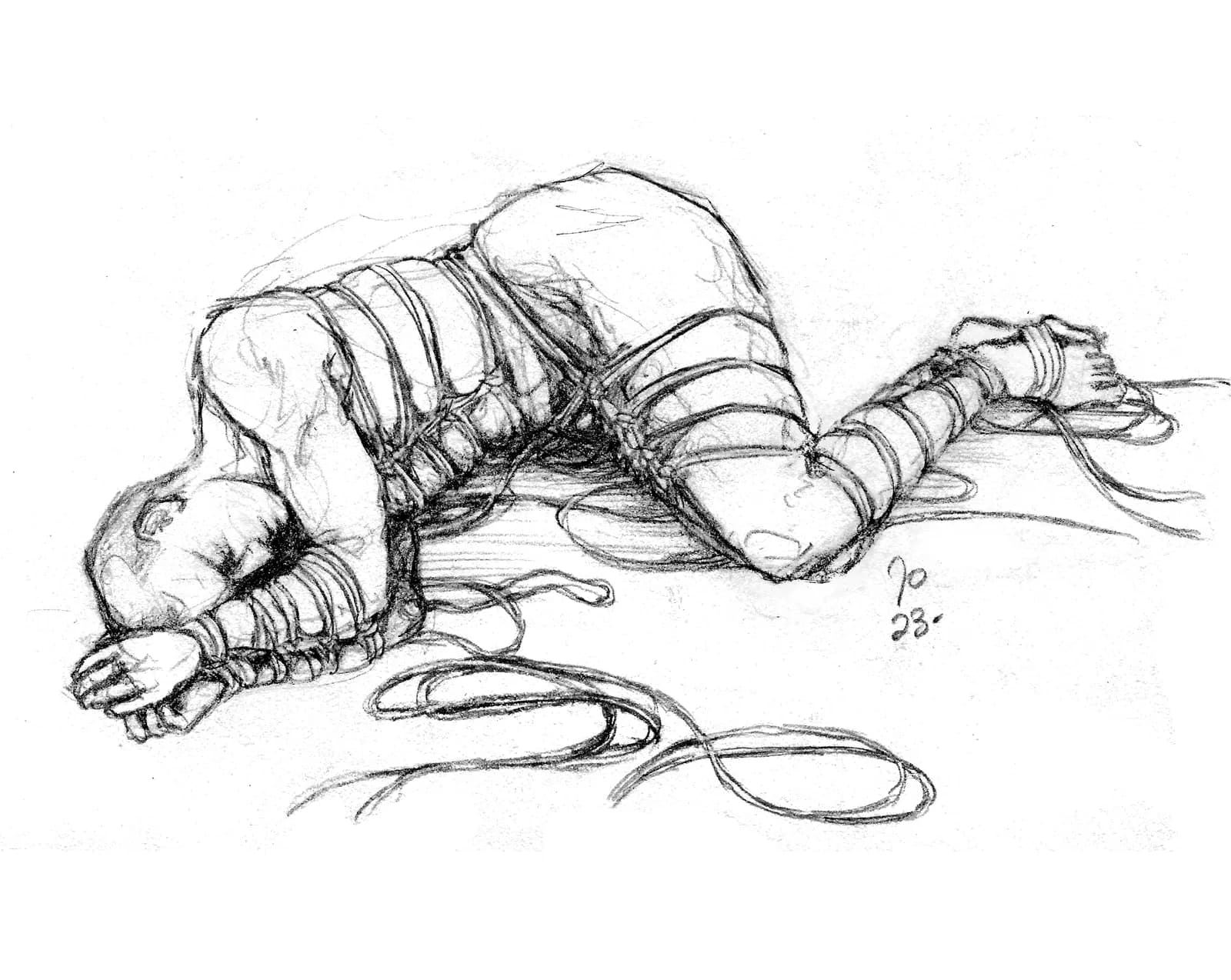 A pencil sketch of a person lying curled on the floor, their body wrapped in rope with loose rope trailing around them.