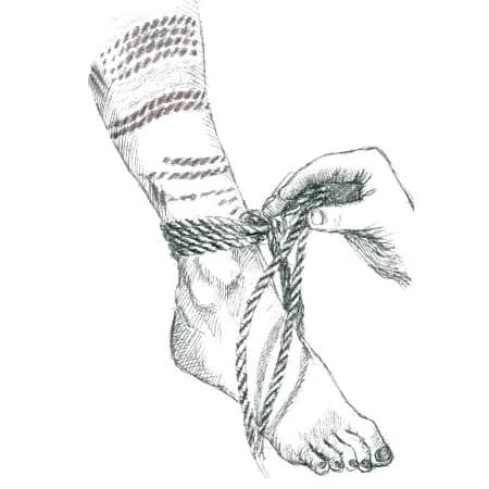 An illustration of rope wrapping technique on the leg.