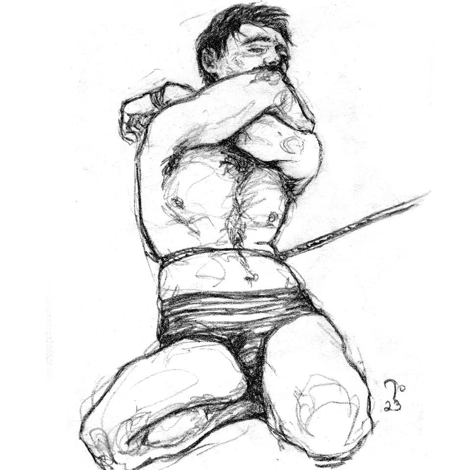 Sketch of a seated person bound with rope around the torso.