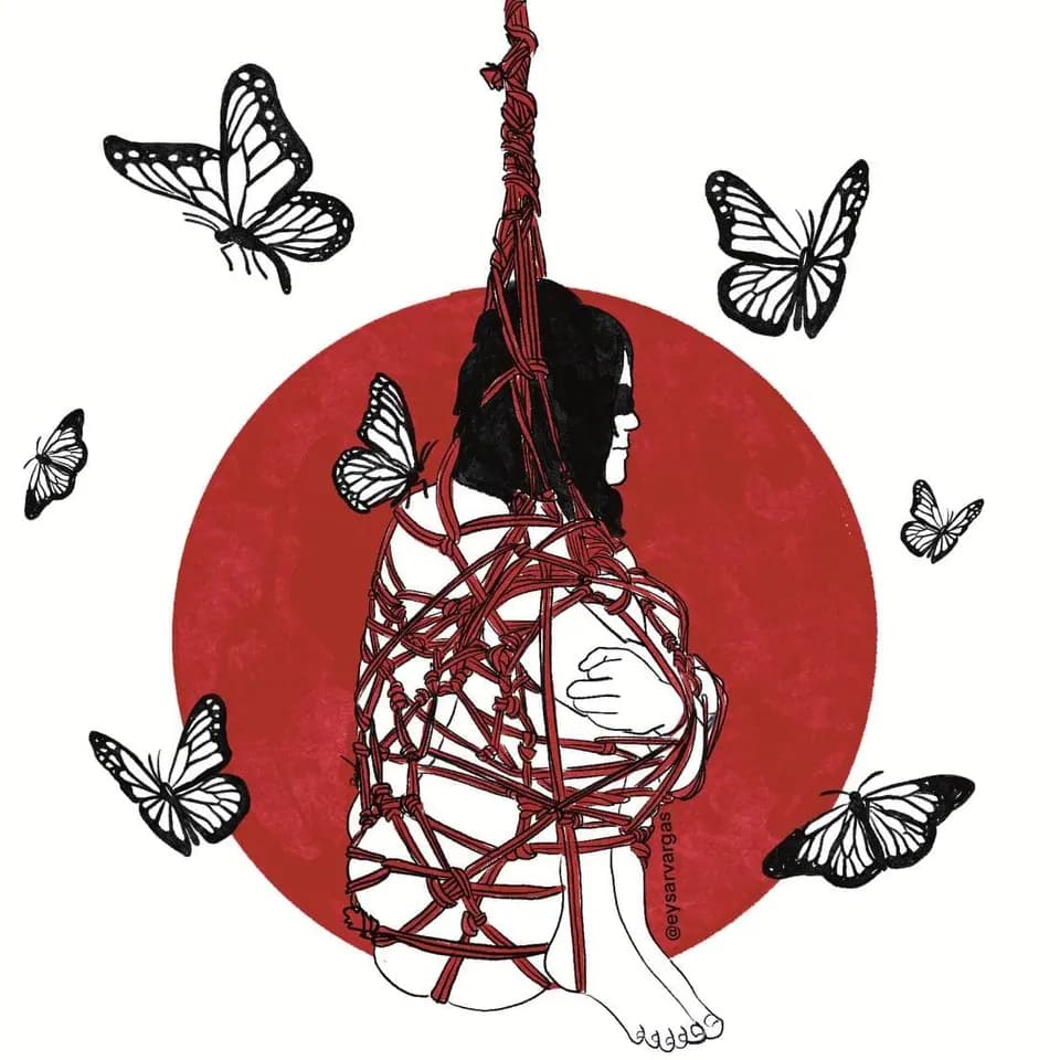 Illustration of a person suspended in red rope with decorative butterflies surrounding them.
